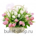Чувственность. Тюльпаны. Чудесная корзина из 35 тюльпанов  в бело-розовой гамме.