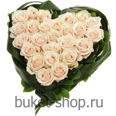 Сердце из 25 роз Талеи. Розы, Зелень.  Изысканная композиция из нежных  кремовых  роз,выполненная  в форме сердца в обрамлении свежей сочной зелени