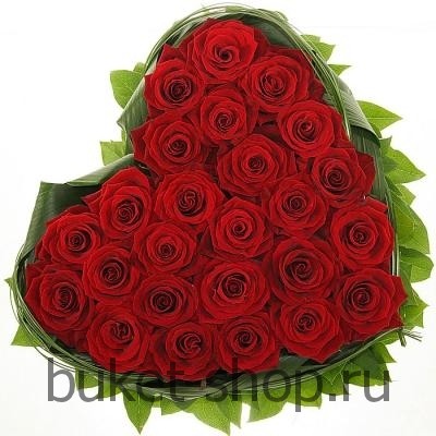 Сердце из 25 роз ГРАН ПРИ. Розы, Зелень. Изысканная композиция из бордовых  роз,выполненная в форме сердца в обрамлении свежей сочной зелени